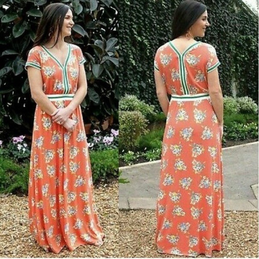 Matilda Jane Maxi Dress Orange Green Floral XL Cottagecore Short Sleeve Soft